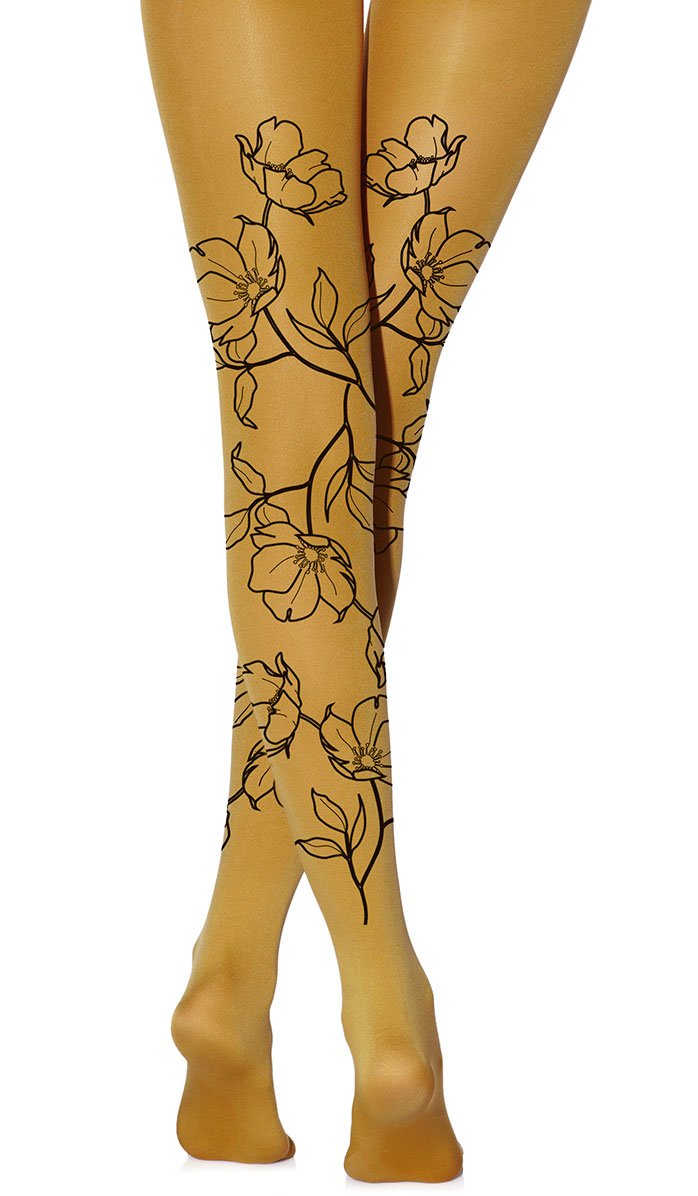 Tights Mustard Opaque with print flowers full
