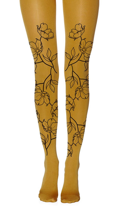 tights mustard opaque with print all-over floral