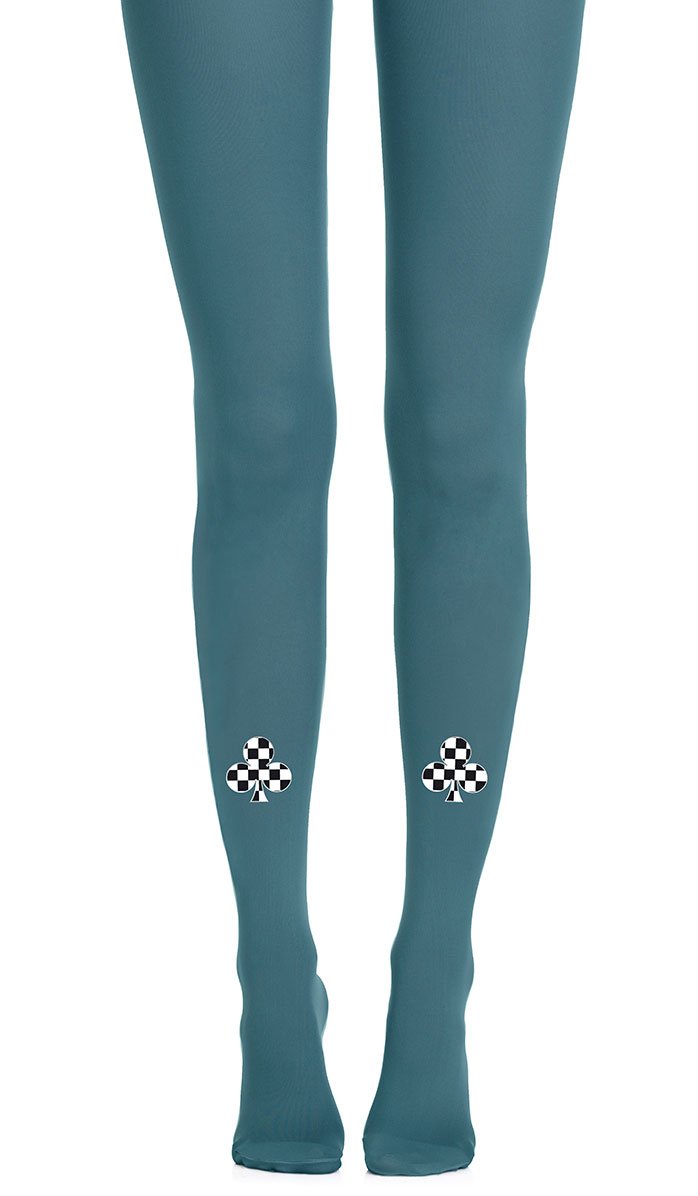 tights blue with print black white clovers