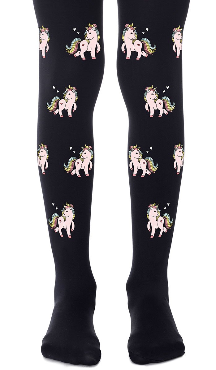 tights girls' black with print colorful unicorns
