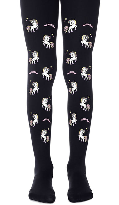 tights black with print unicorns