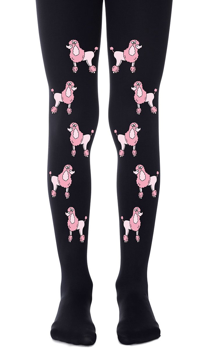 tights girls' black with print pink poodles