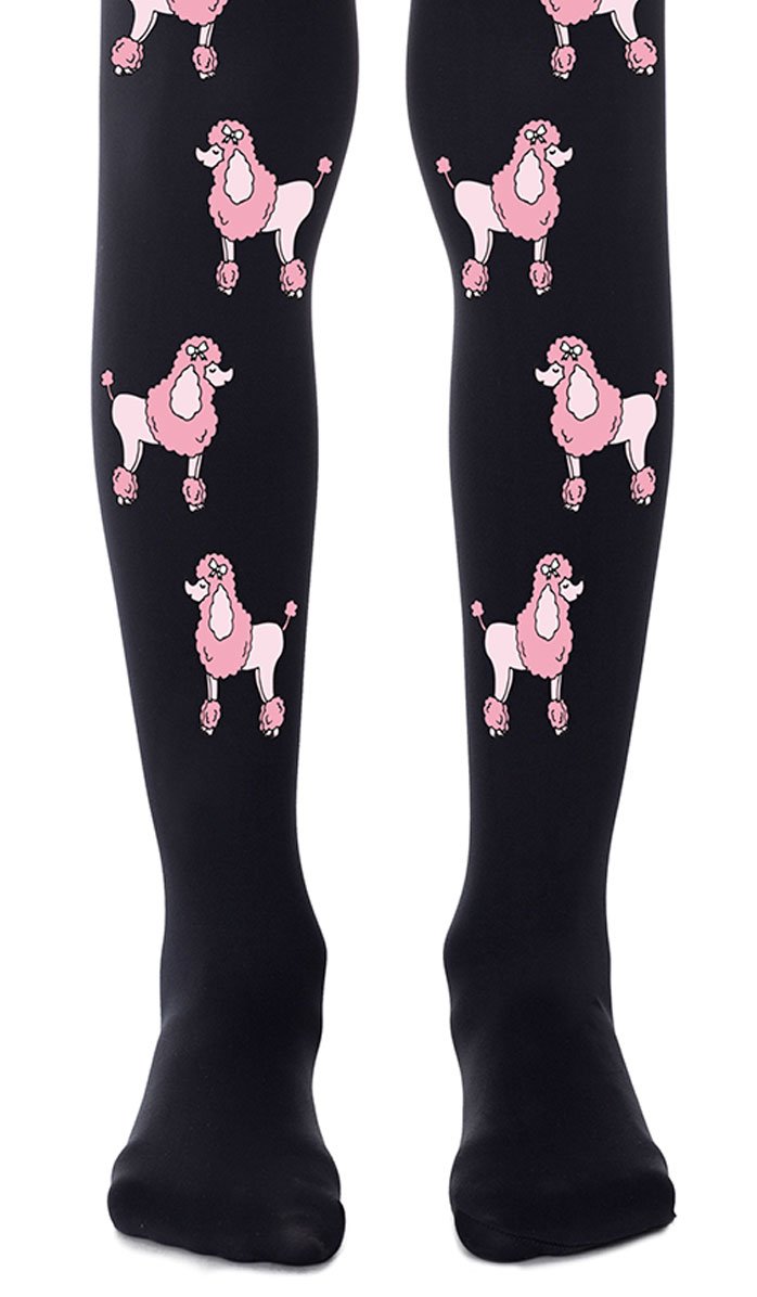 tights girls' black with print pink poodles