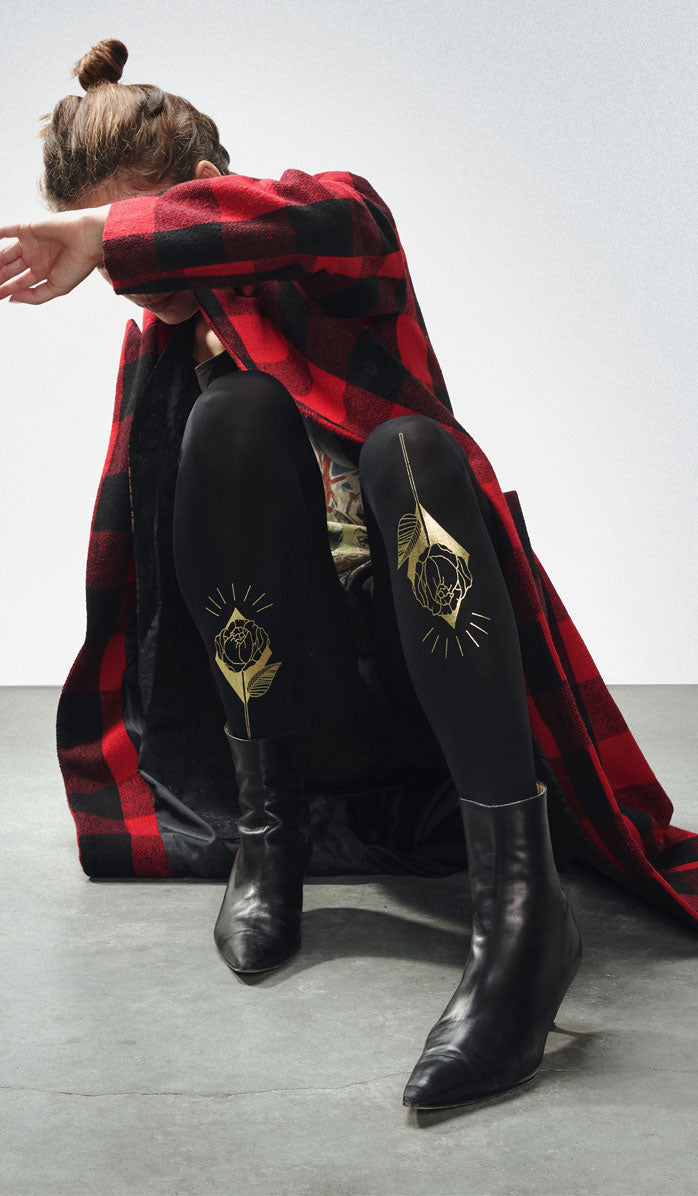 Women's Opaque Printed Tights - Name of the Rose Black