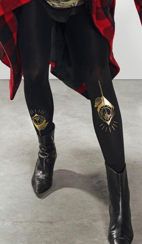 Women's Opaque Printed Tights - Name of the Rose Black - Side View