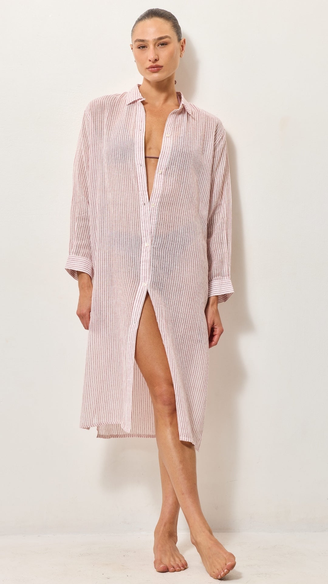 Airy Cotton Shirt Dress - Red