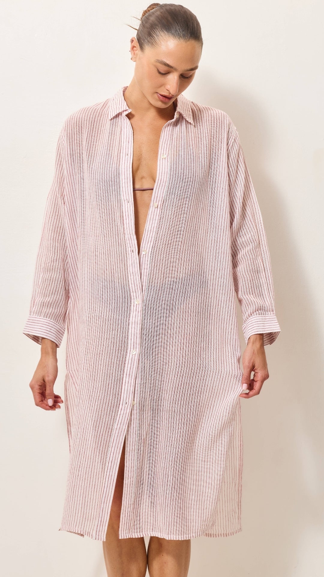 Airy Cotton Shirt Dress - Red