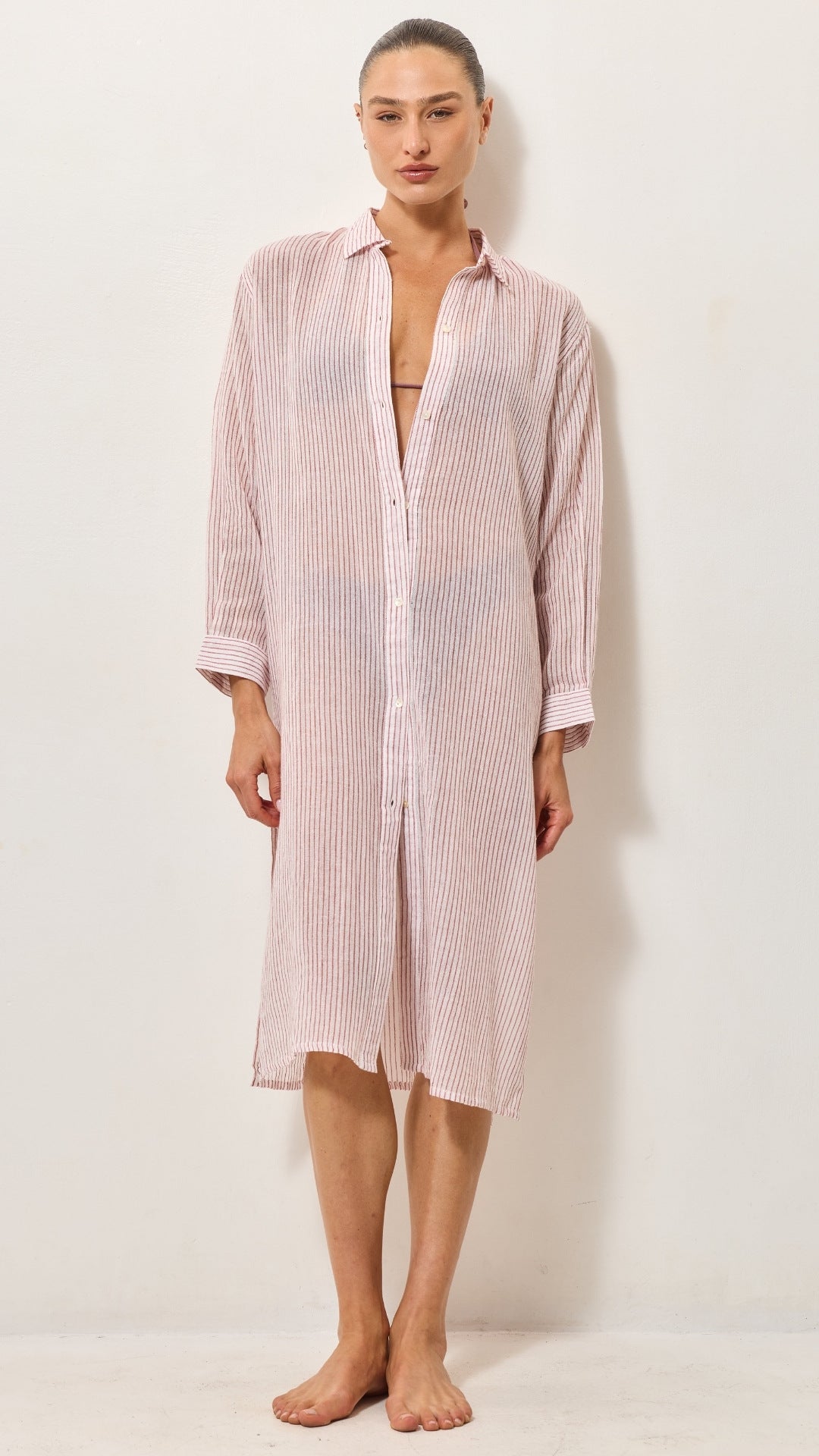Airy Cotton Shirt Dress - Red