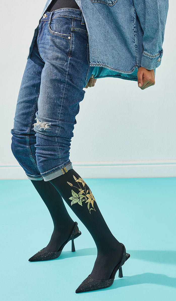 Women's Opaque Printed Tights - Lily or Not to Be Black