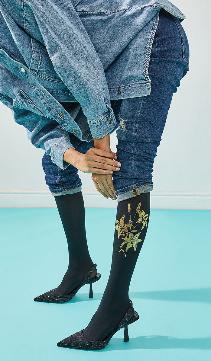 Women's Opaque Printed Tights - Lily or Not to Be Black - Side View