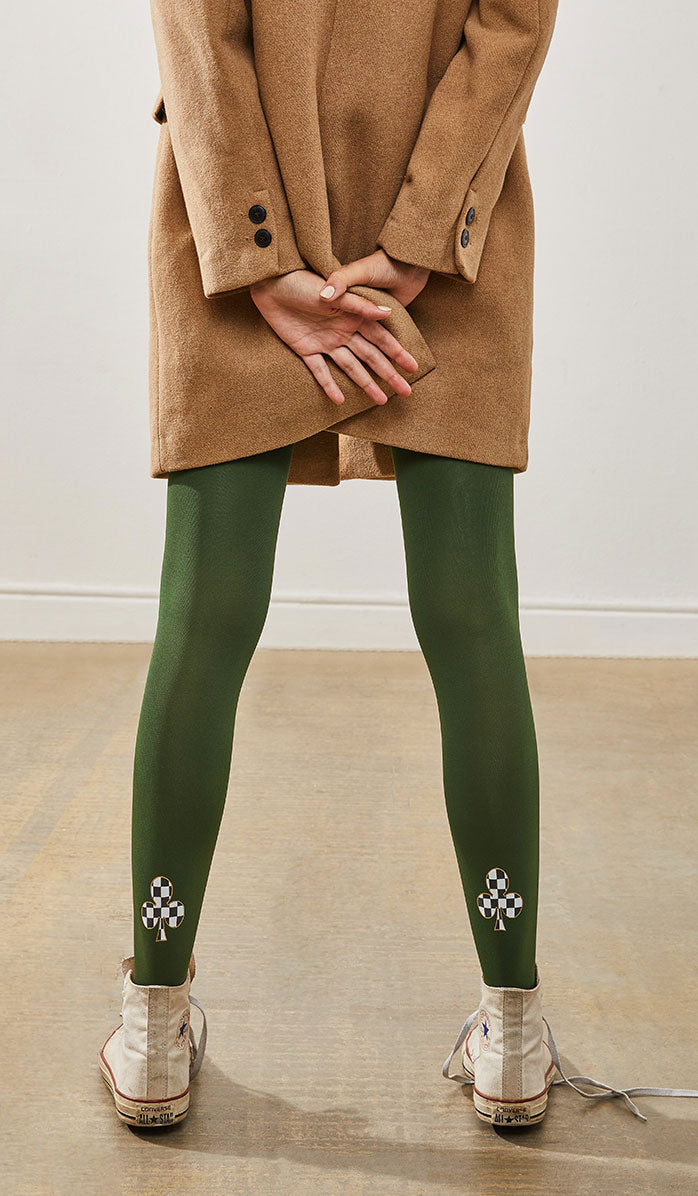 Women's Opaque Printed Tights - Poker Night Green - Back View