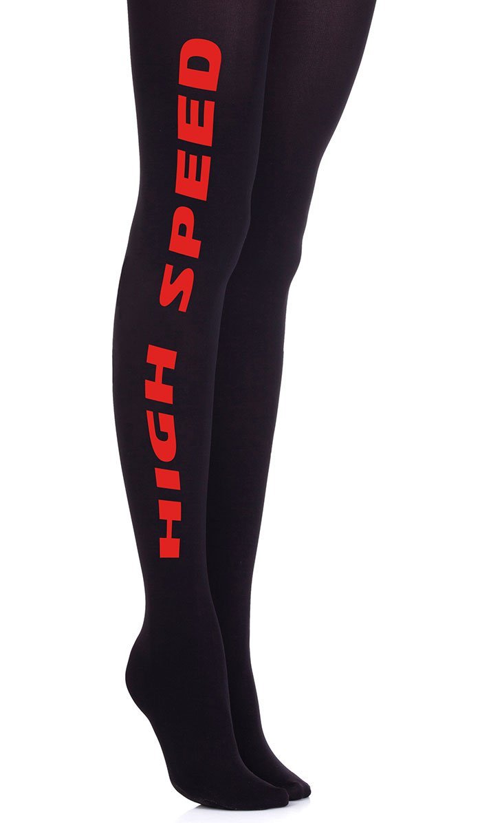 women black tights with red text print