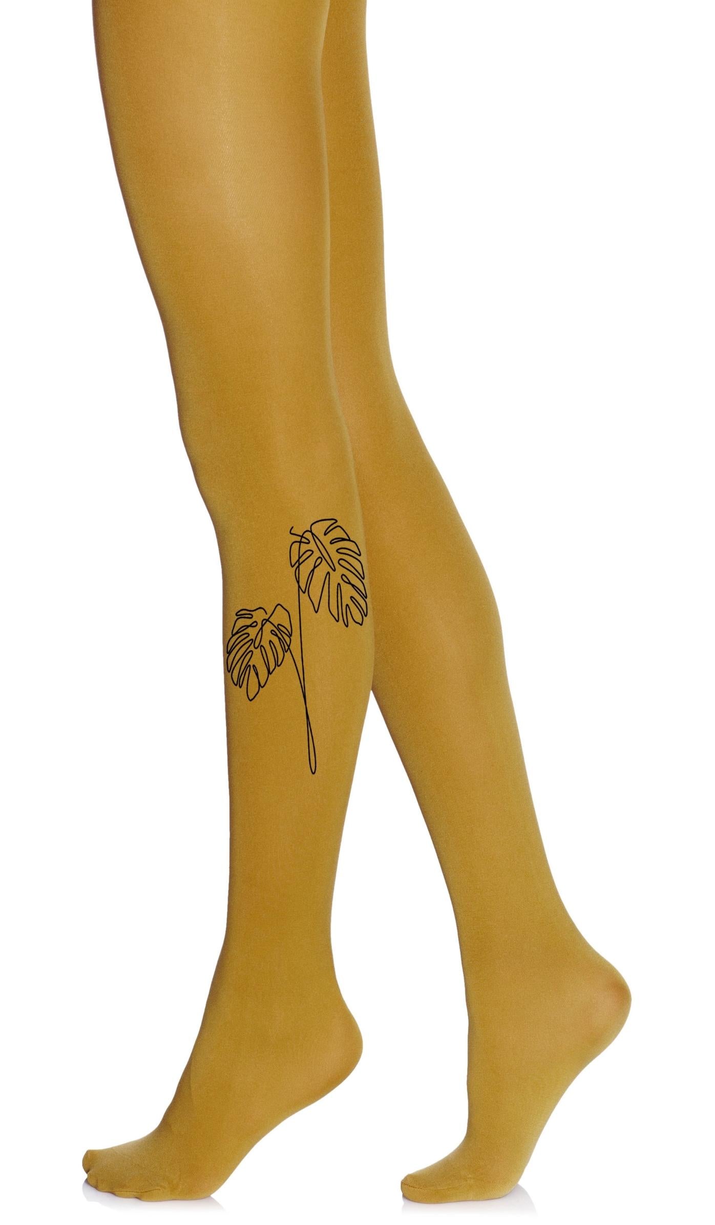 tights mustard opaque with print black leaves
