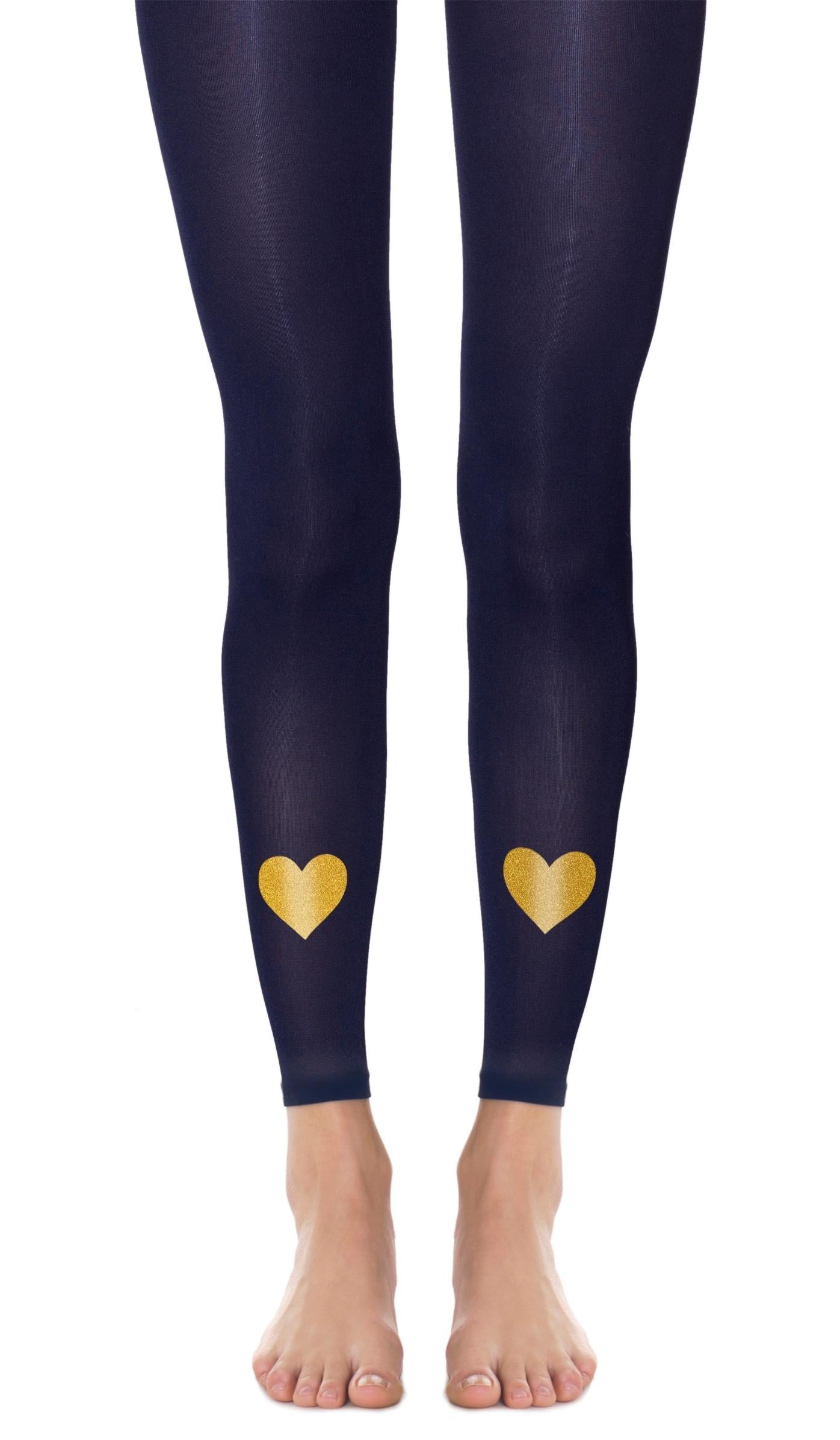 tights navy blue footless with print gold hearts