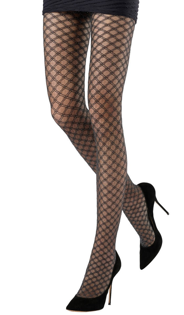Metallic Diamond Mesh Tights - Black