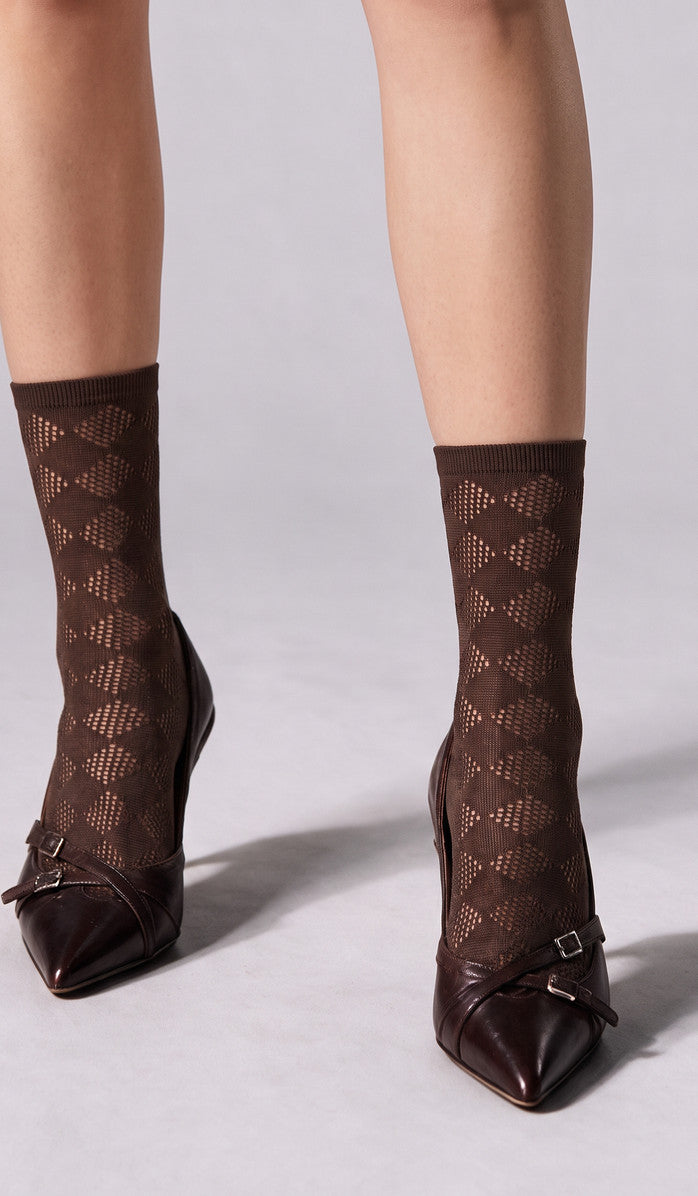 Crochet Diamond Ankle Socks - Espresso