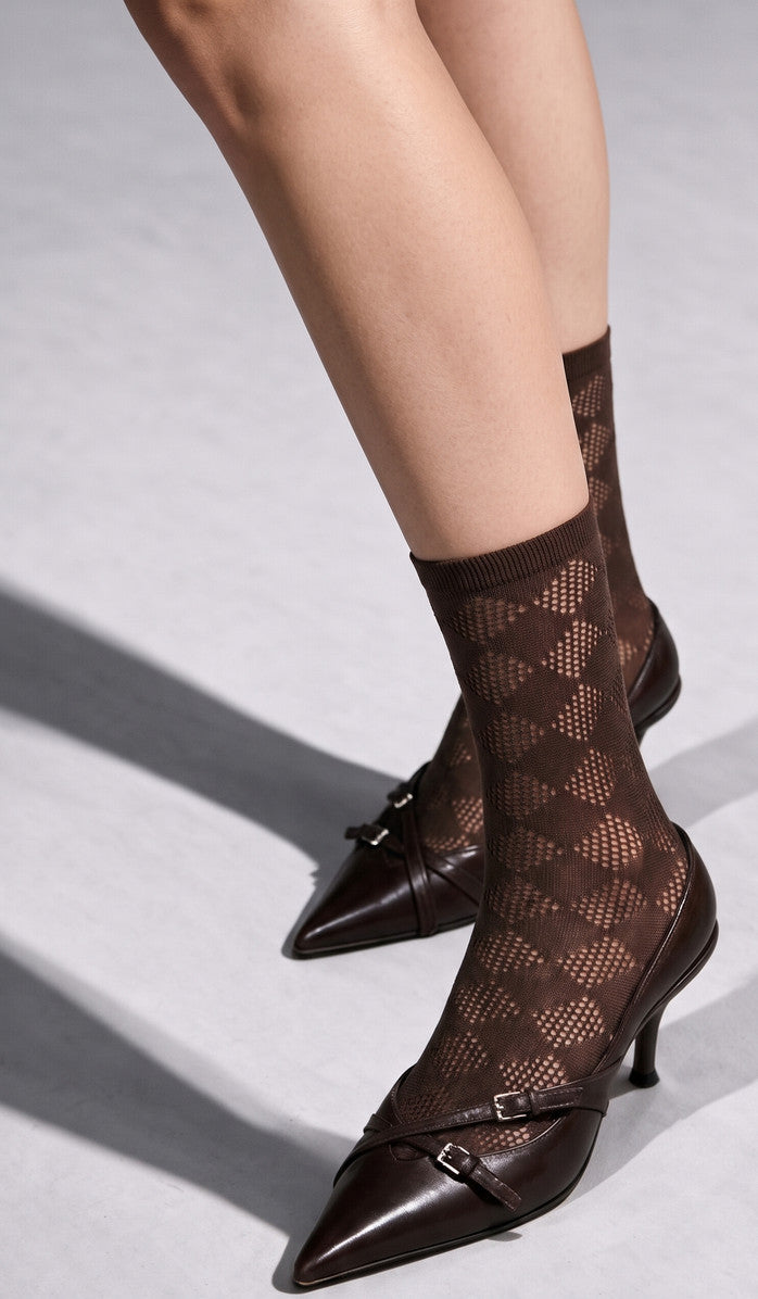 Crochet Diamond Ankle Socks - Espresso