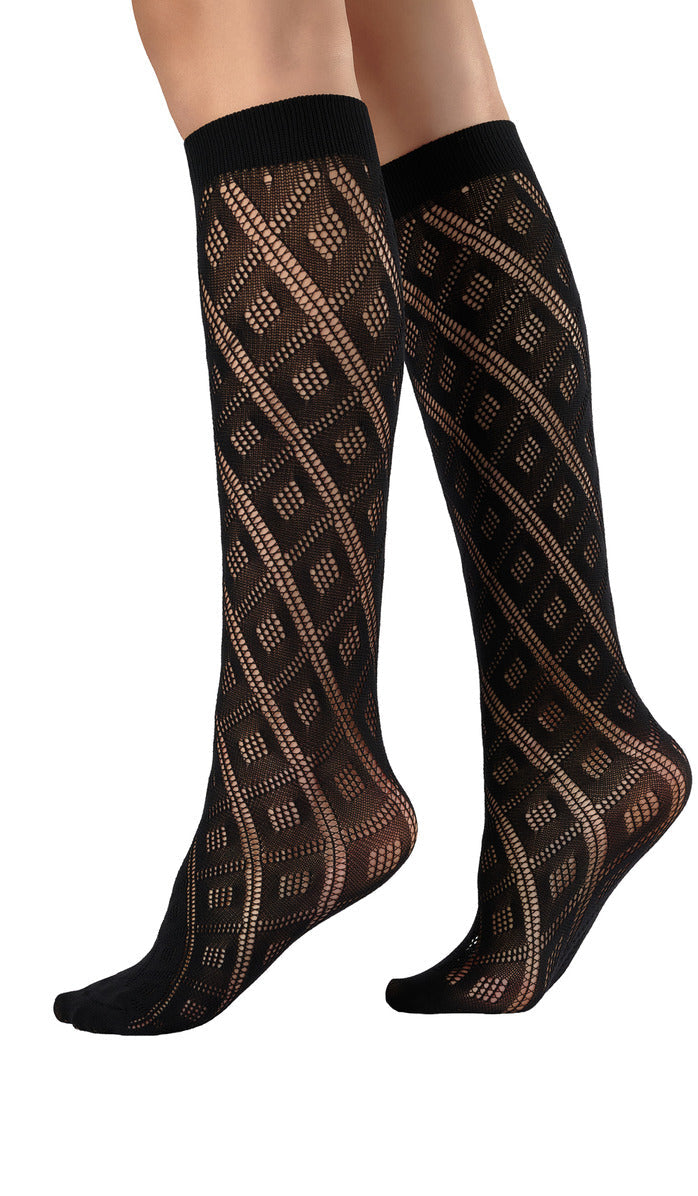 Openwork Diamond Knee-High Socks - Black