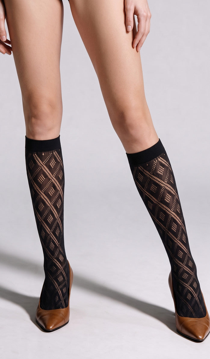 Openwork Diamond Knee-High Socks - Black