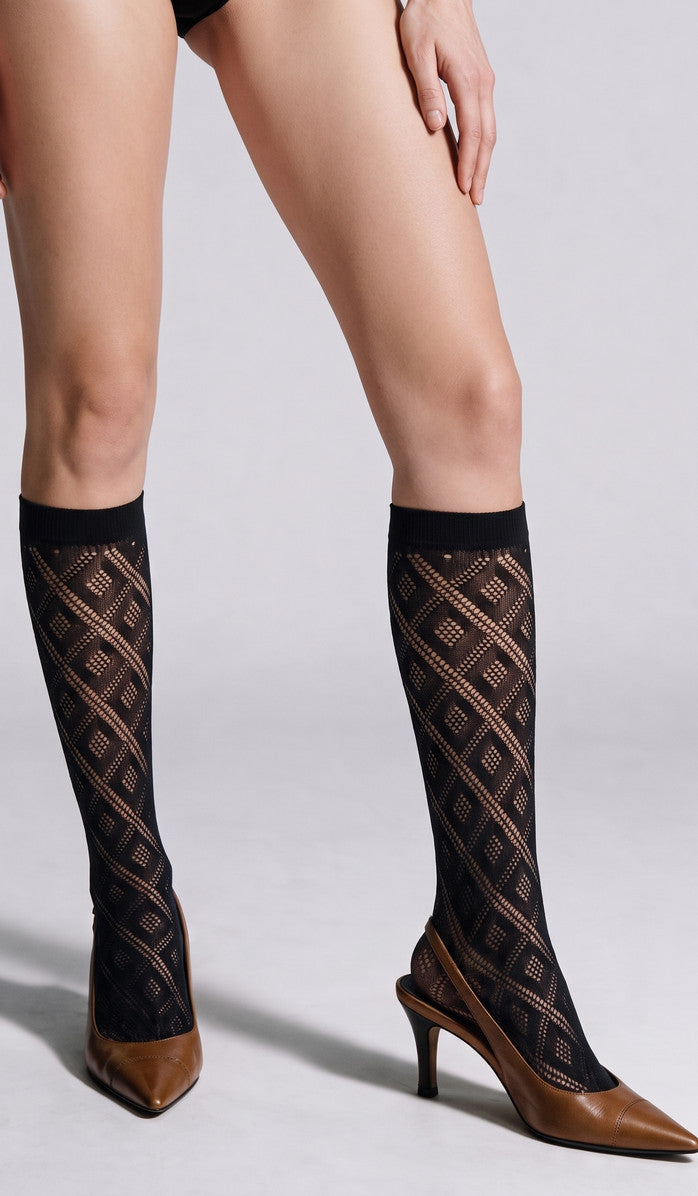 Openwork Diamond Knee-High Socks - Black
