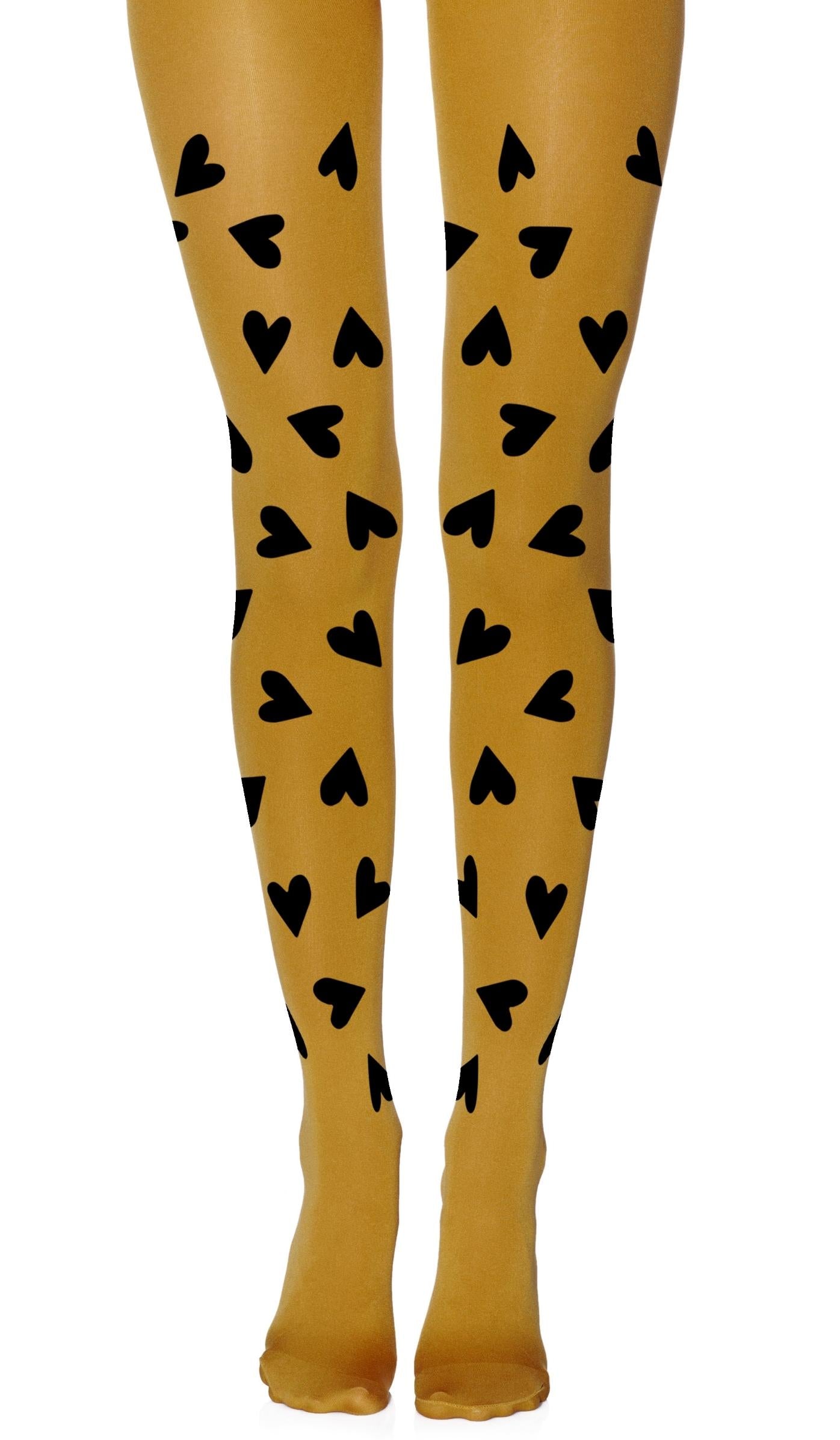 tights mustard opaque with print black hearts
