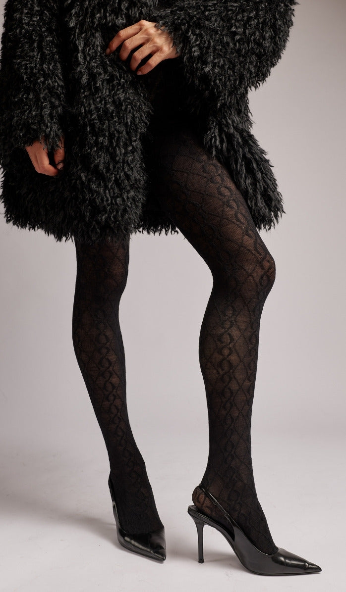 Wool Cable Knit Tights - Black - Back View