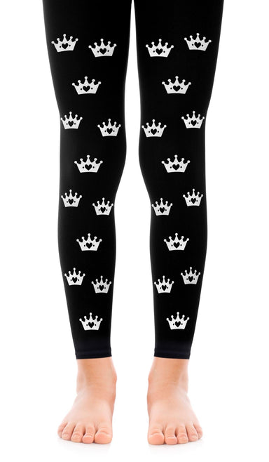 tights girls' black with print silver crowns