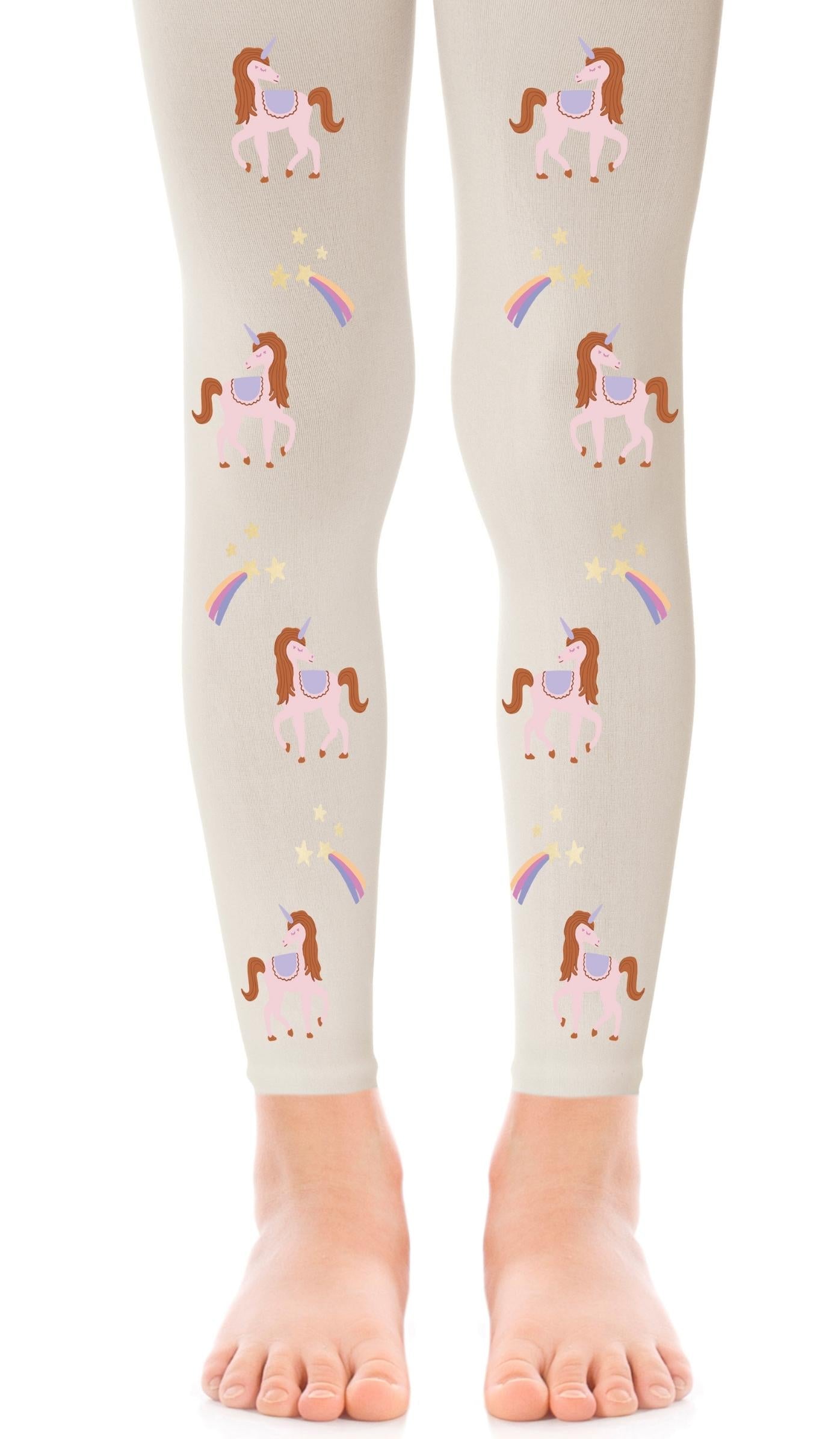 tights girls' cream footless with print unicorn