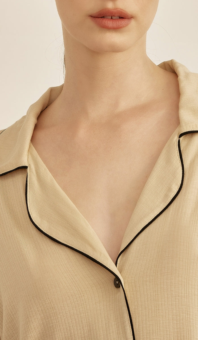 BUTTER SOFT RIB - Sand button up & lounge pants set