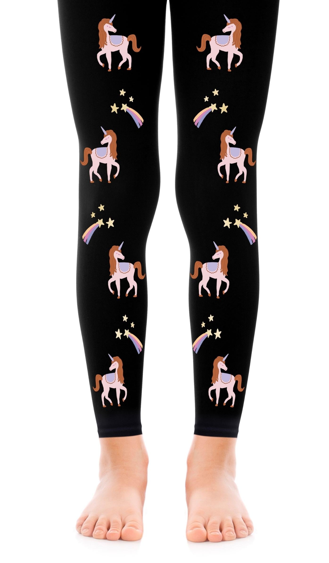 tights girls' black footless with print unicorns