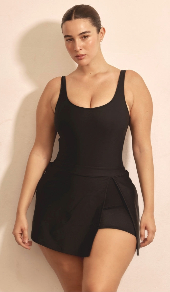Mini Swim Skort with Built-In Shorts - Black