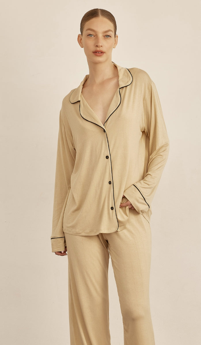 BUTTER SOFT RIB - Sand button up & lounge pants set