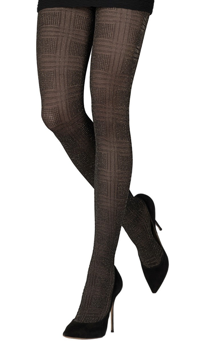 Metallic Plaid Tights - Black Gold