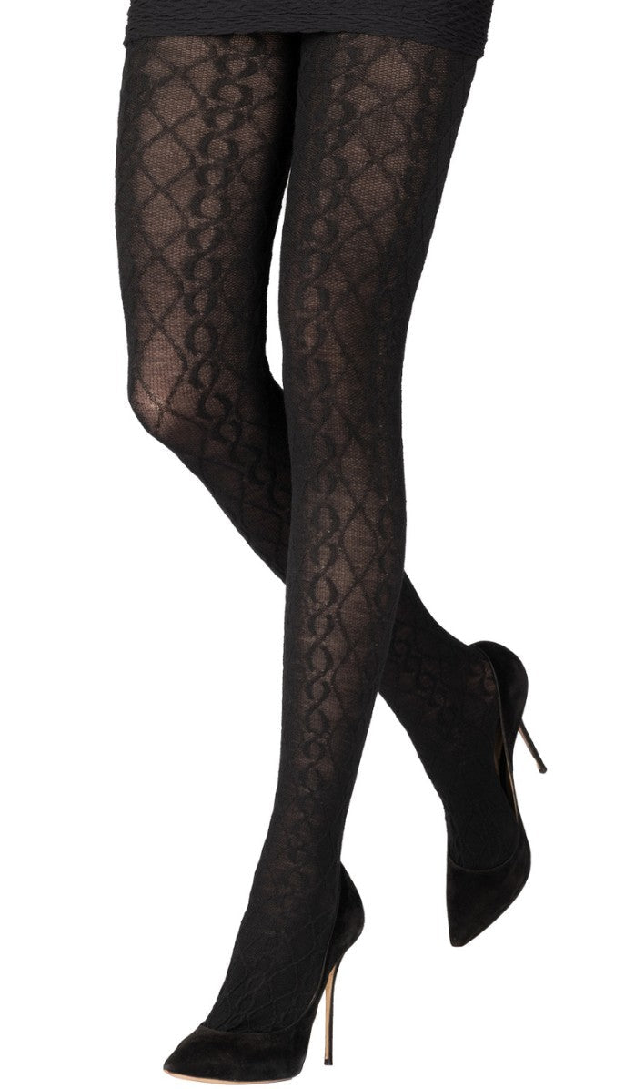 Wool Cable Knit Tights - Black - Close-up