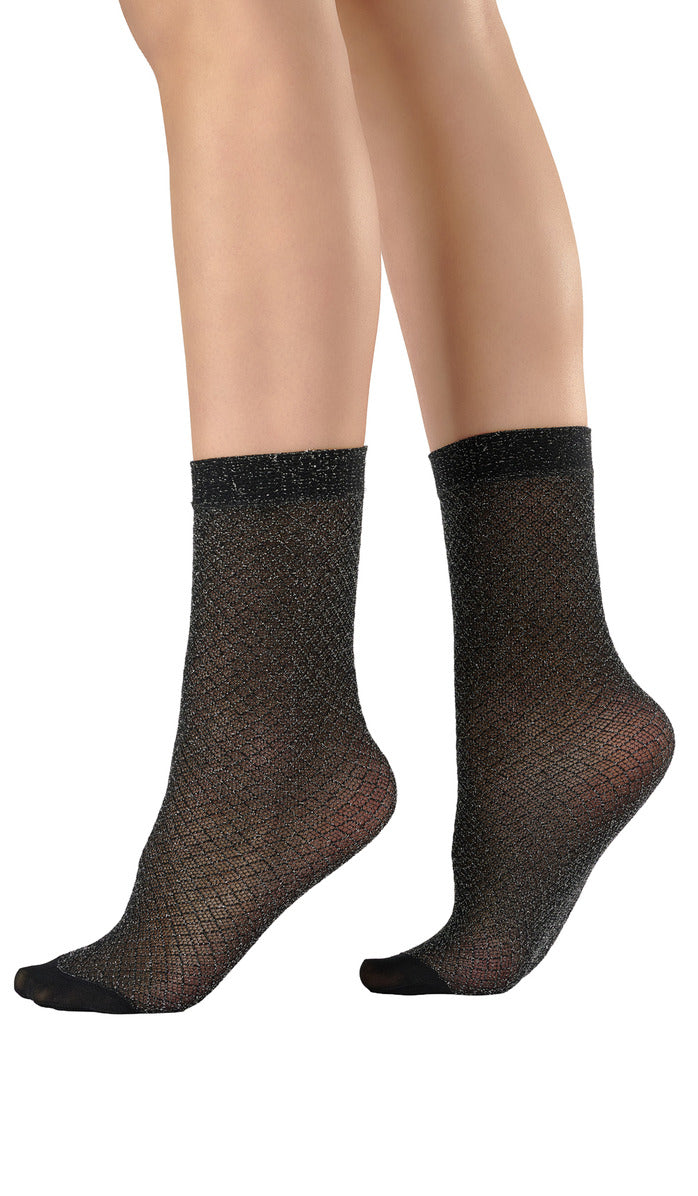 Metallic Double Micromesh Ankle Socks - Black