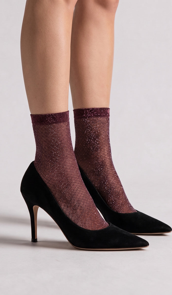 Metallic Double Micromesh Ankle Socks - Wine