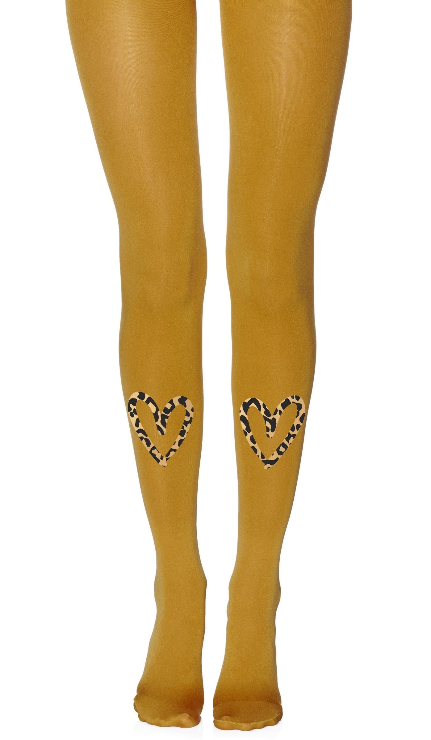 tights mustard opaque with print leopard heart