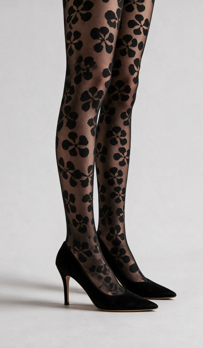 Floral Sketch Tights - Black