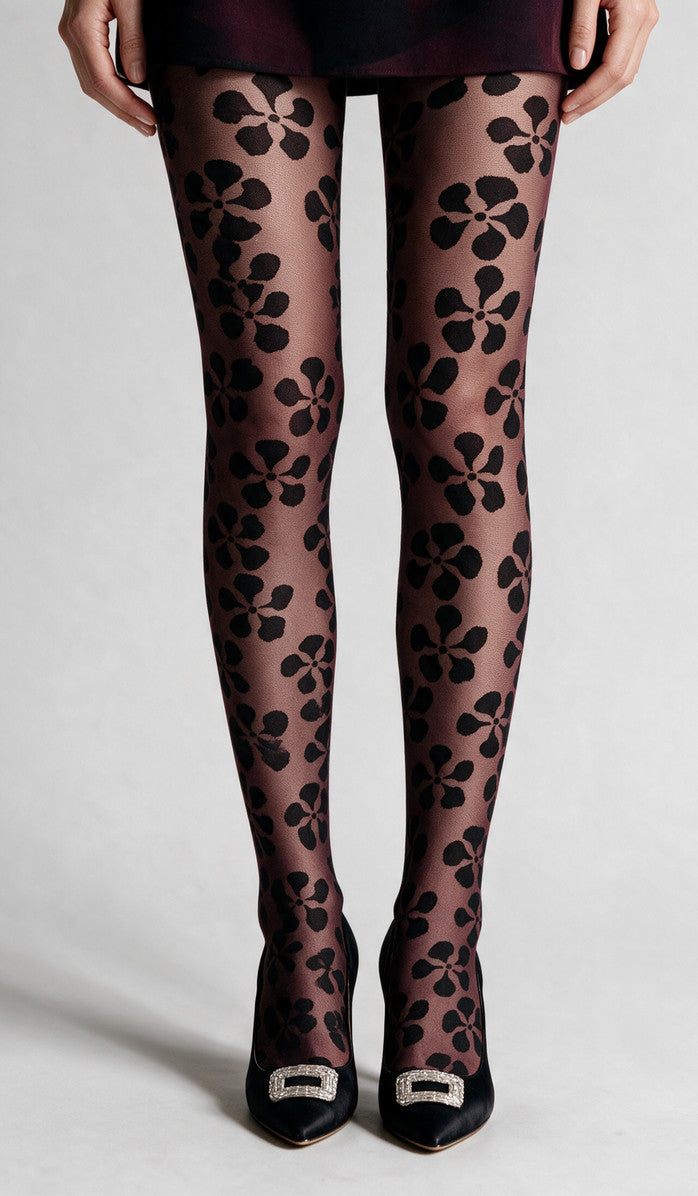 Floral Sketch Tights - Wine