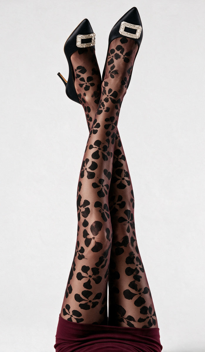 Floral Sketch Tights - Wine
