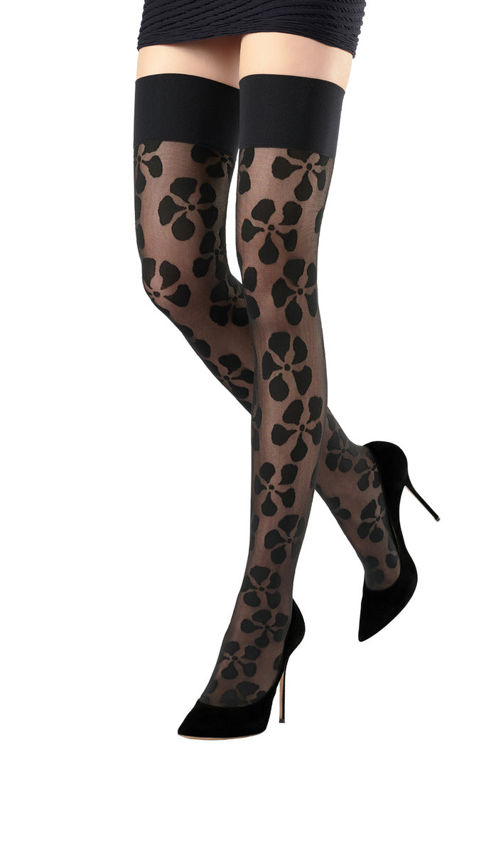 Floral Sketch Over-the-Knee Socks - Black