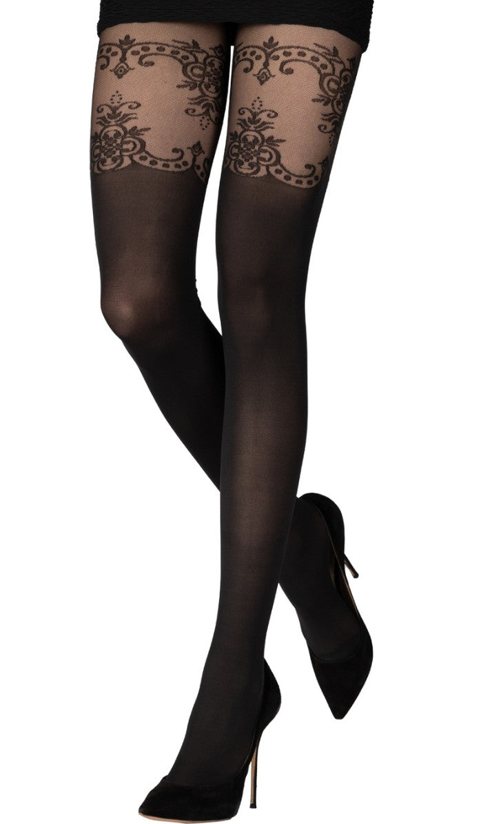Tights - Faux Thigh-High - Black - Side View