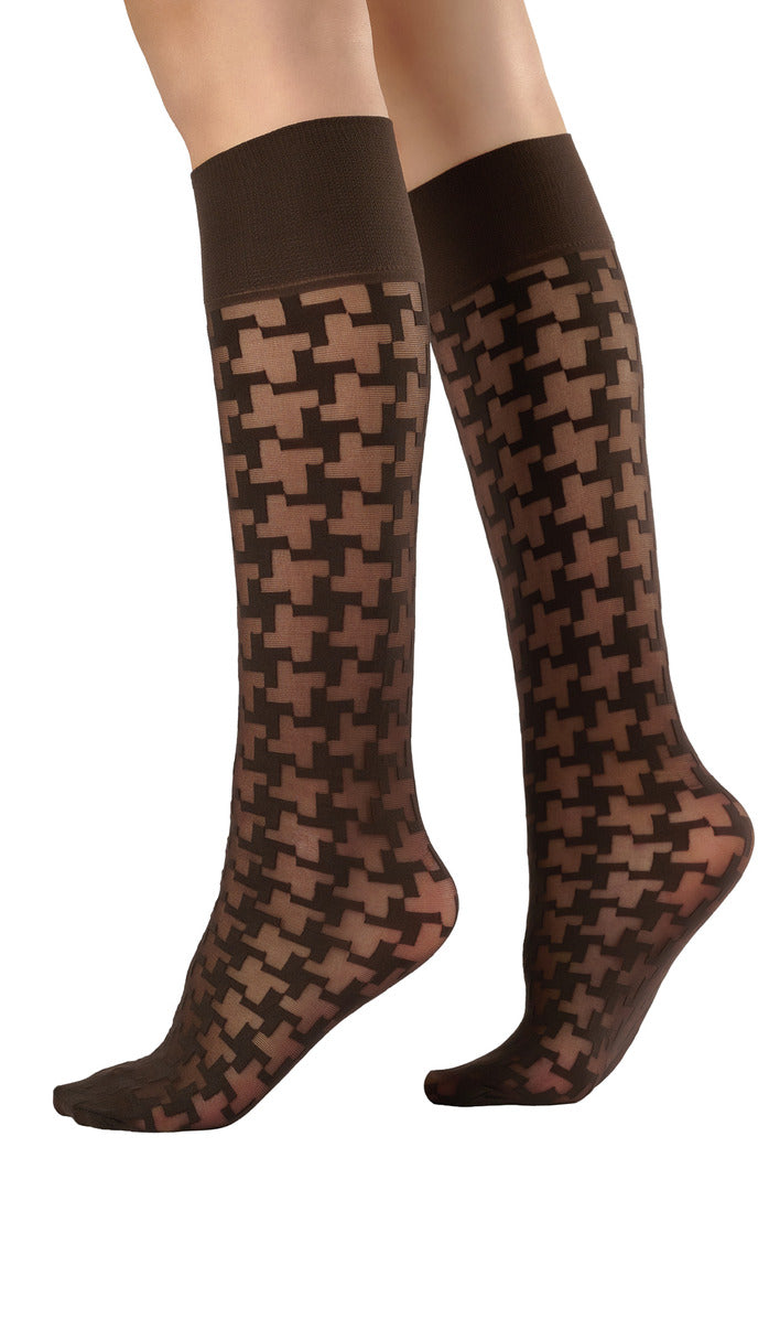Houndstooth Knee-High Socks - Espresso