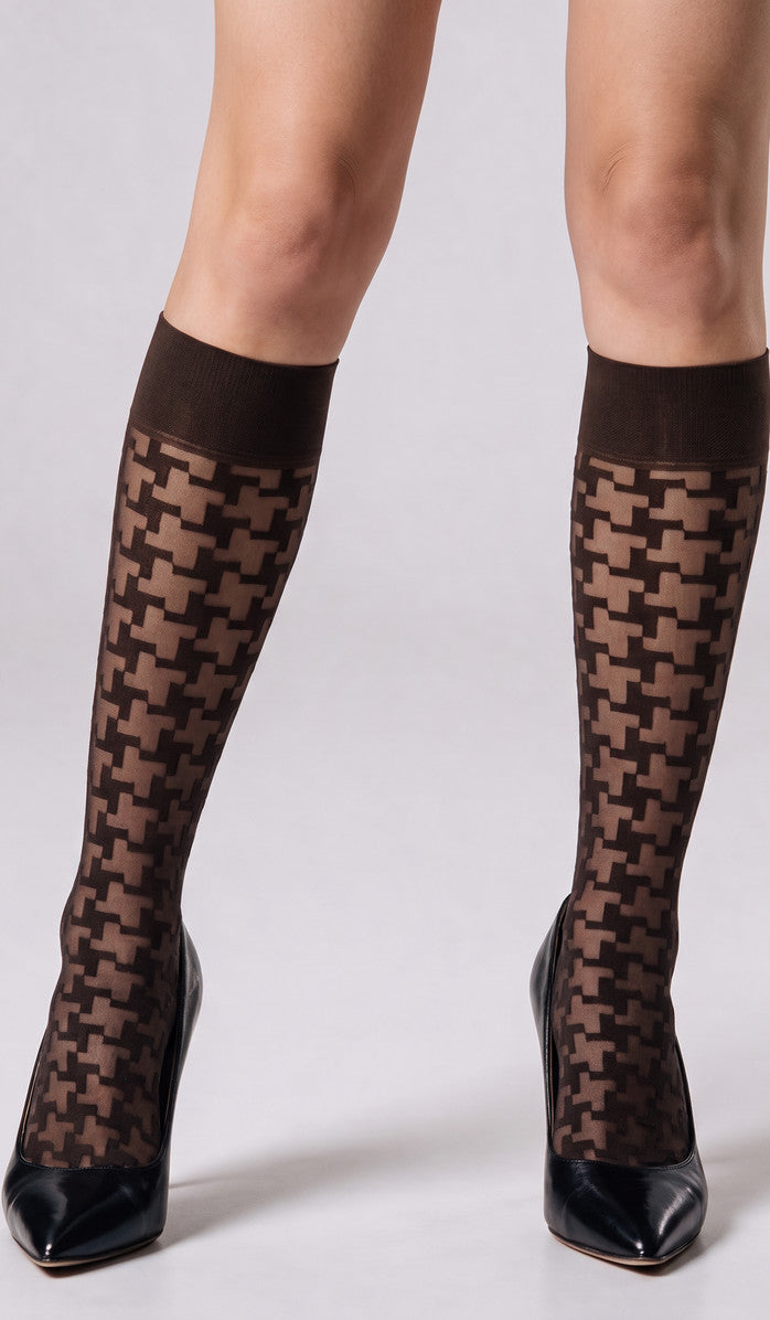 Houndstooth Knee-High Socks - Espresso
