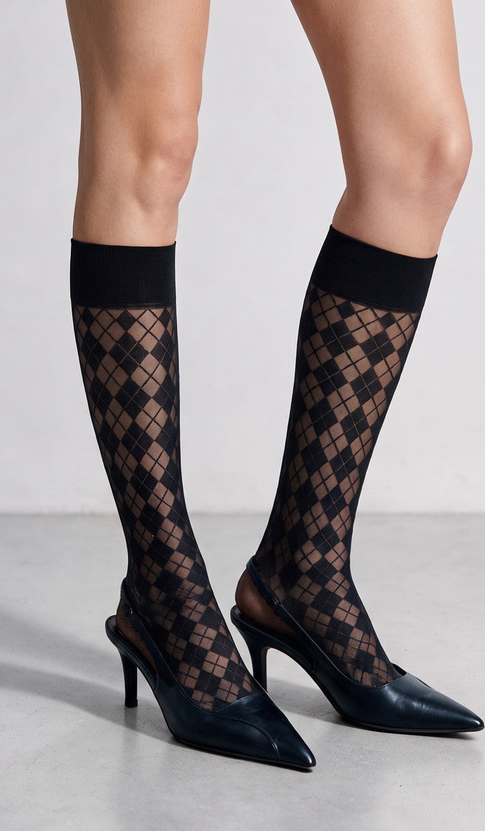 Argyle Knee-High Socks - Black