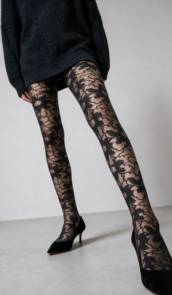 Abstract Floral Tights - Black