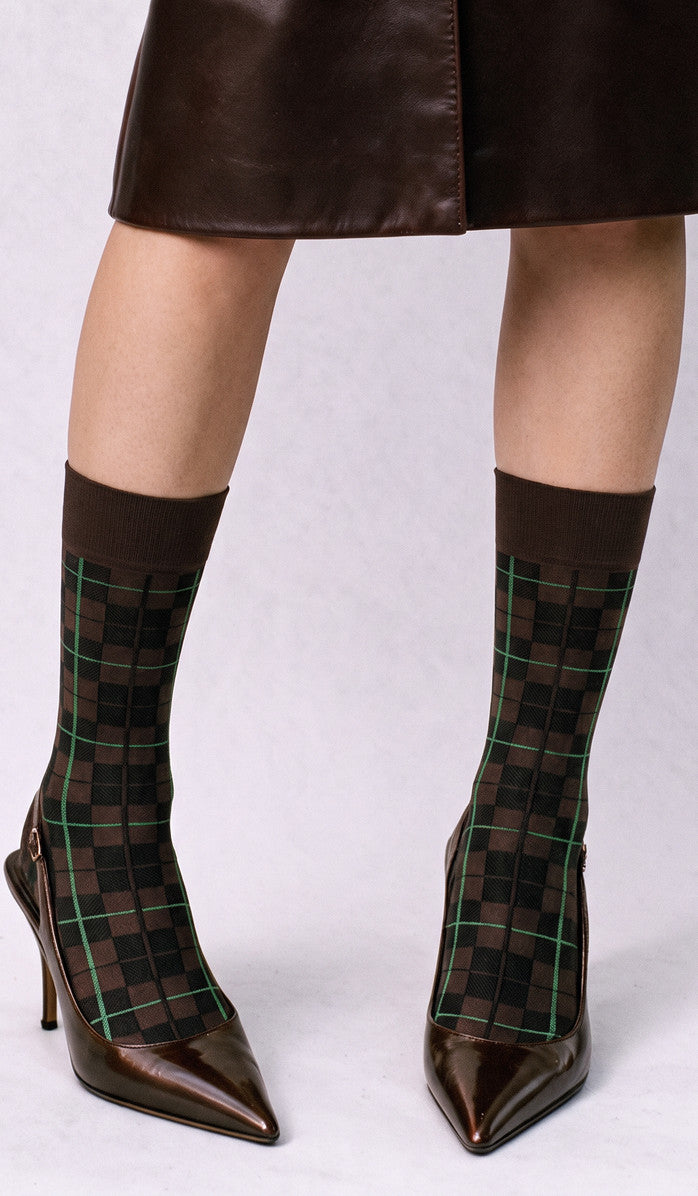 Tartan Mid-Calf Socks - Espresso