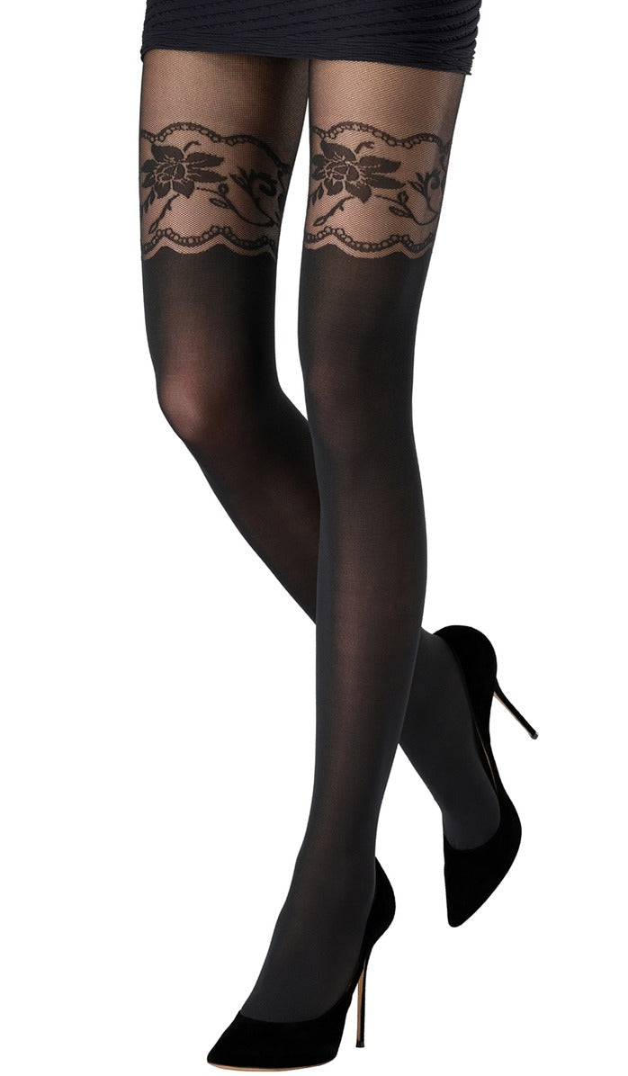 Two-Tone Thigh-High Style Tights - Black