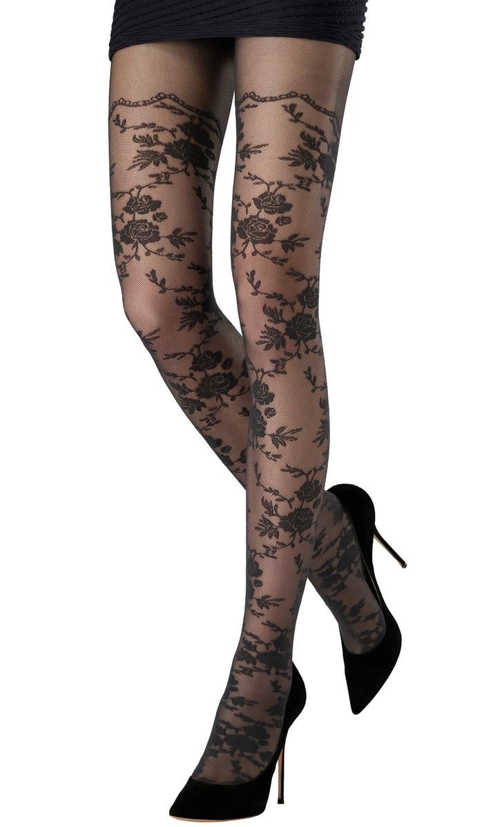 Rose Vine Thigh-High Style Tights - Black