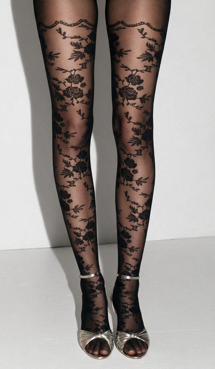Rose Vine Thigh-High Style Tights - Black